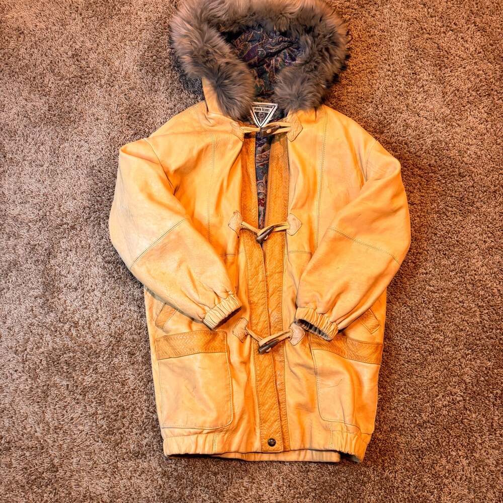 Vintage tan leather jacket with a real fur hood J.Percy Marvin Richards